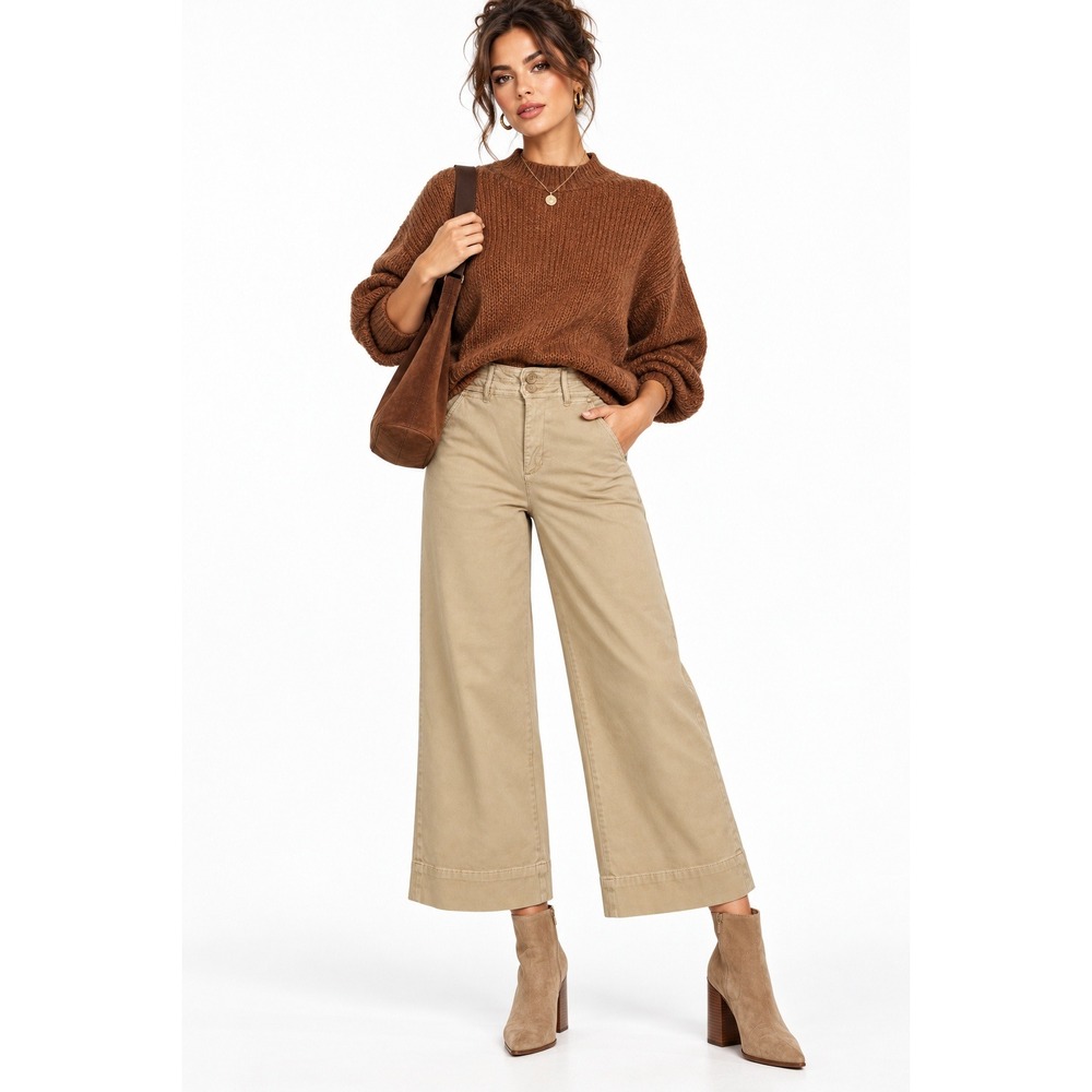 Tribal Fly Front Palazzo Cropped Pants Beige High Rise Wide Leg Womens 8 NWT